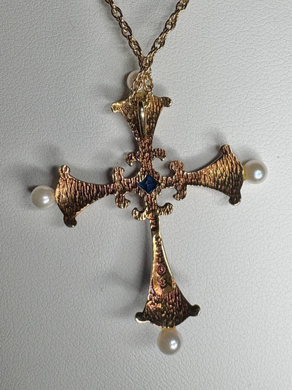 Blue House of Igor Carl Faberge Cross Pendant Necklace Akoya Pearl, Sapphire, Diamond, Guilloche in Solid 14k Gold 18" - NewLifeJewelryVault