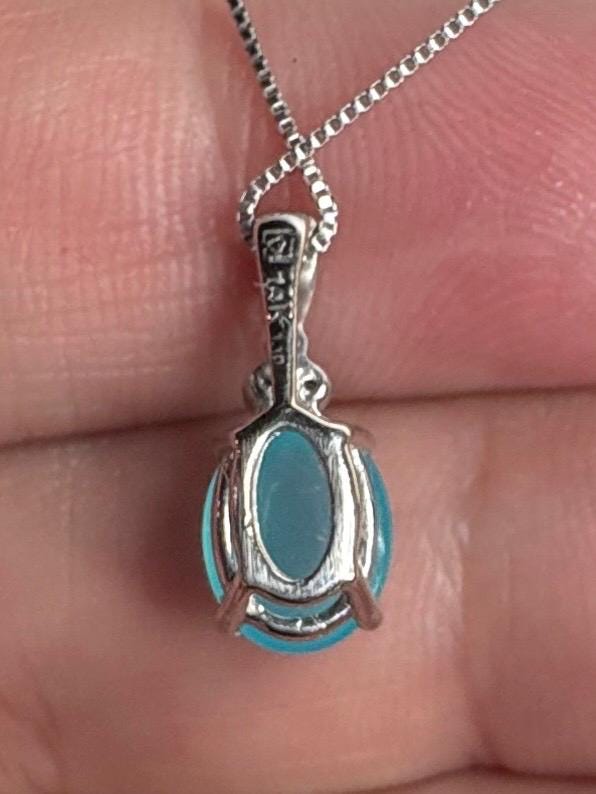 Paraiba Brazilian Chalcedony Diamond Pendant Necklace Solid 14k White Gold with 10k Chain 18" - NewLifeJewelryVault