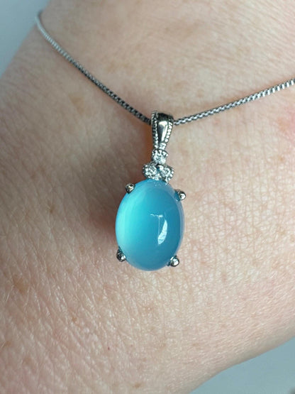 Paraiba Brazilian Chalcedony Diamond Pendant Necklace Solid 14k White Gold with 10k Chain 18" - NewLifeJewelryVault