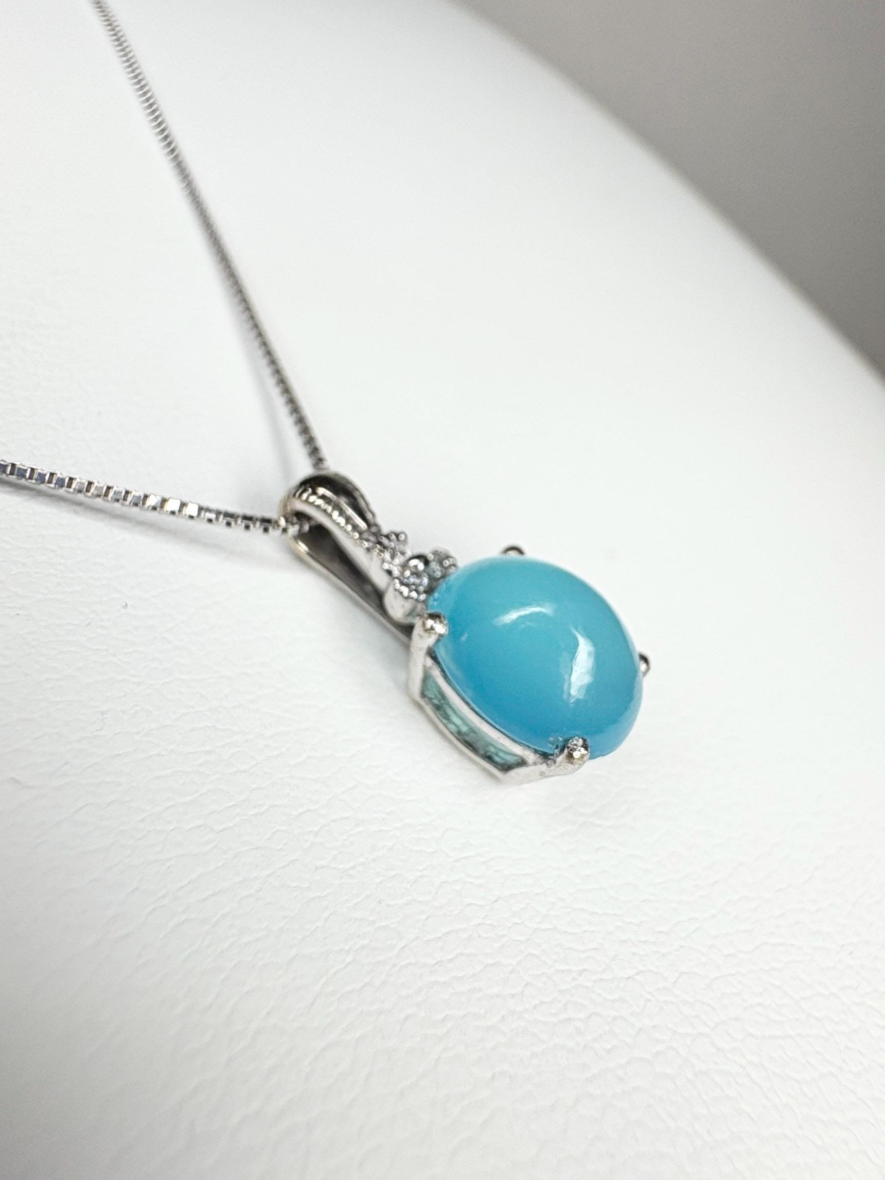 Paraiba Brazilian Chalcedony Diamond Pendant Necklace Solid 14k White Gold with 10k Chain 18" - NewLifeJewelryVault