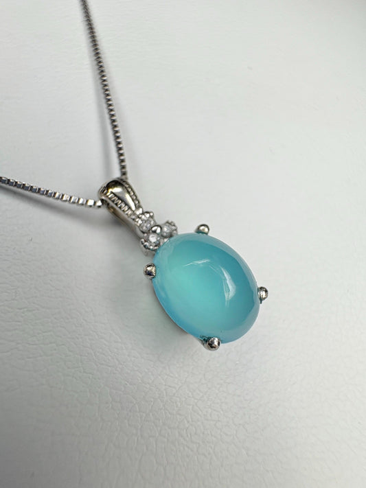 Paraiba Brazilian Chalcedony Diamond Pendant Necklace Solid 14k White Gold with 10k Chain 18" - NewLifeJewelryVault
