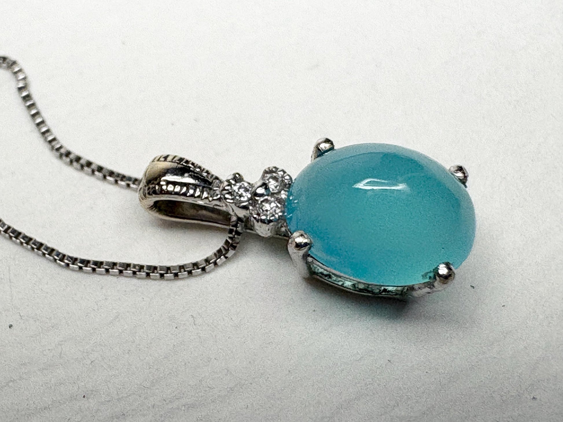 Paraiba Brazilian Chalcedony Diamond Pendant Necklace Solid 14k White Gold with 10k Chain 18" - NewLifeJewelryVault