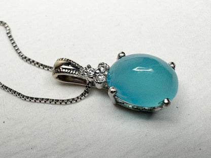 Paraiba Brazilian Chalcedony Diamond Pendant Necklace Solid 14k White Gold with 10k Chain 18" - NewLifeJewelryVault
