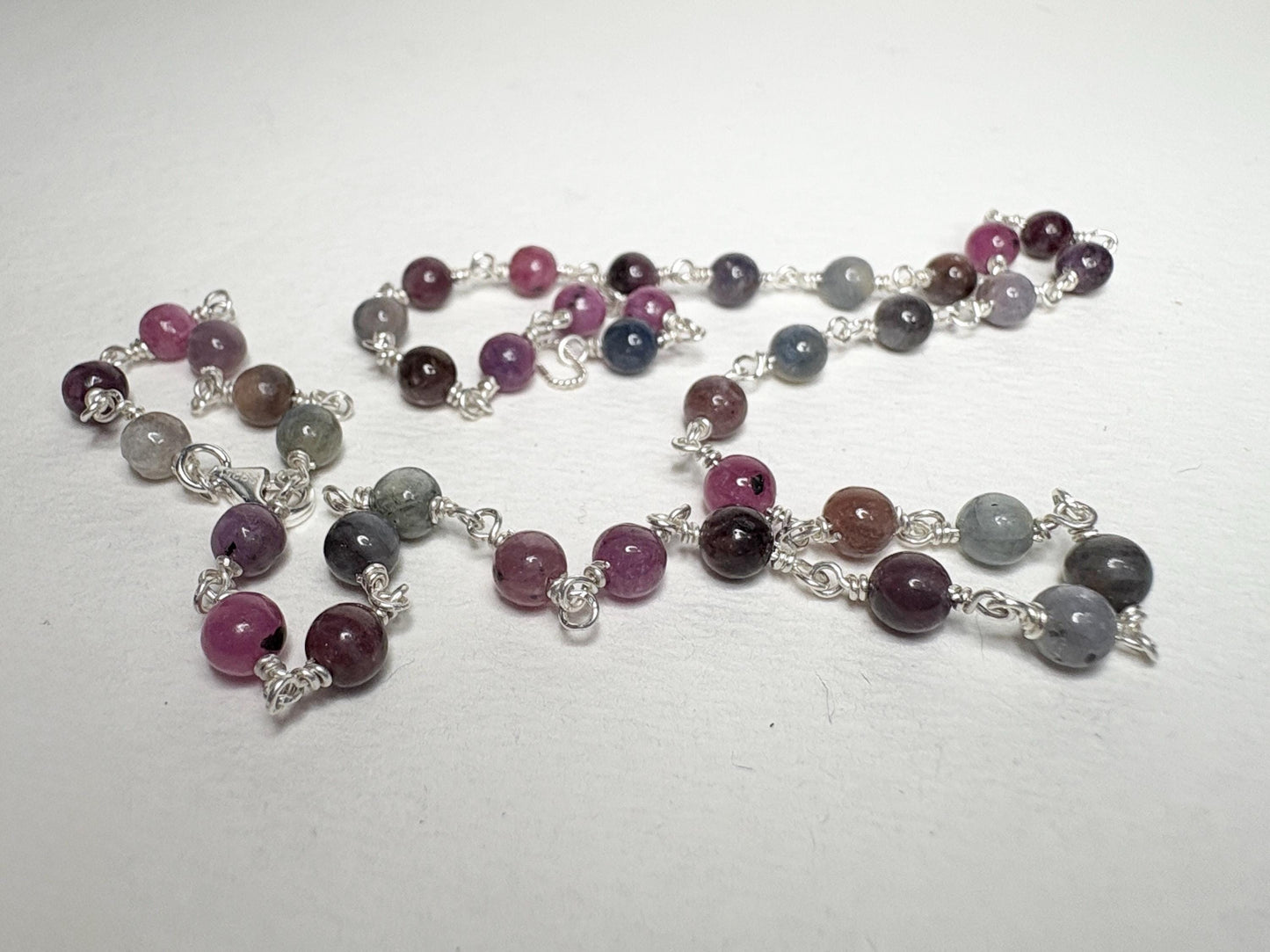 Natural Multi Color Sapphire Beaded Necklace in Sterling Silver 17.5" - NewLifeJewelryVault