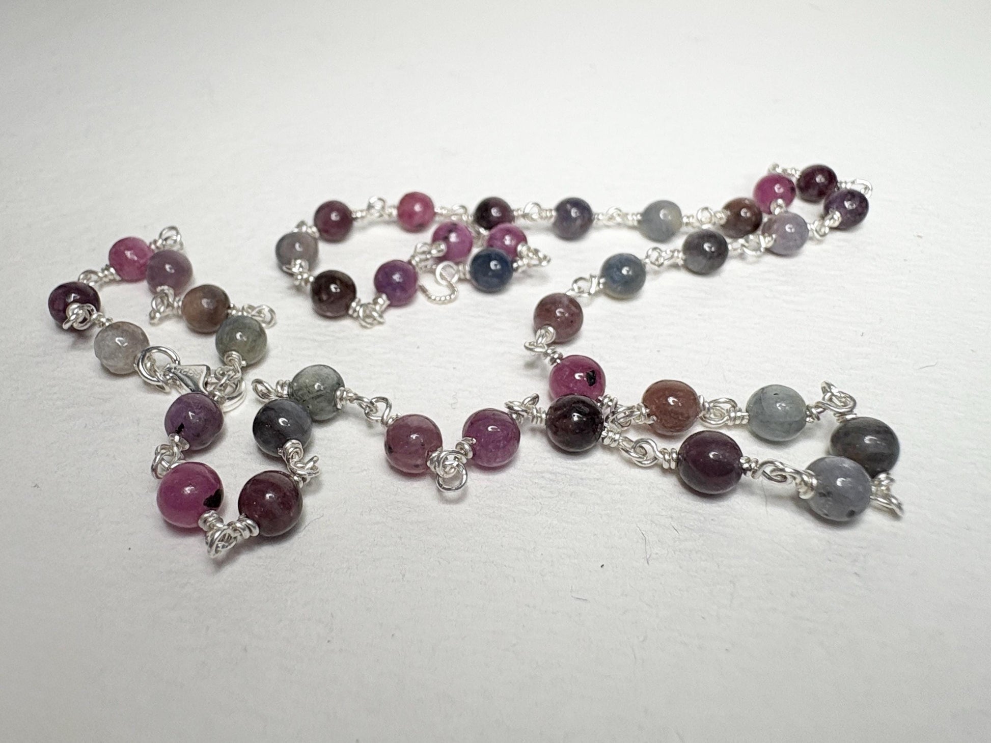 Natural Multi Color Sapphire Beaded Necklace in Sterling Silver 17.5" - NewLifeJewelryVault