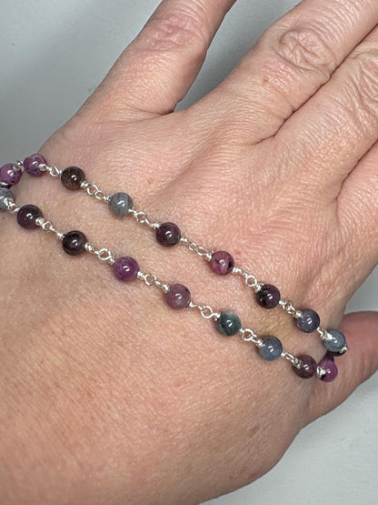 Natural Multi Color Sapphire Beaded Necklace in Sterling Silver 17.5" - NewLifeJewelryVault