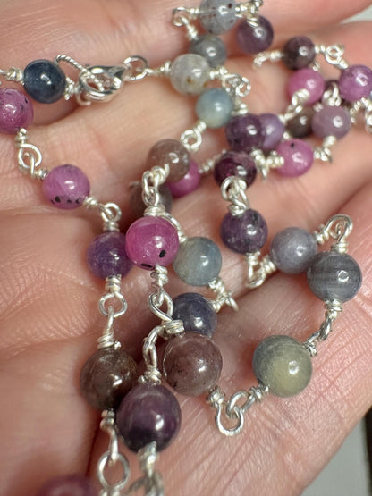 Natural Multi Color Sapphire Beaded Necklace in Sterling Silver 17.5" - NewLifeJewelryVault