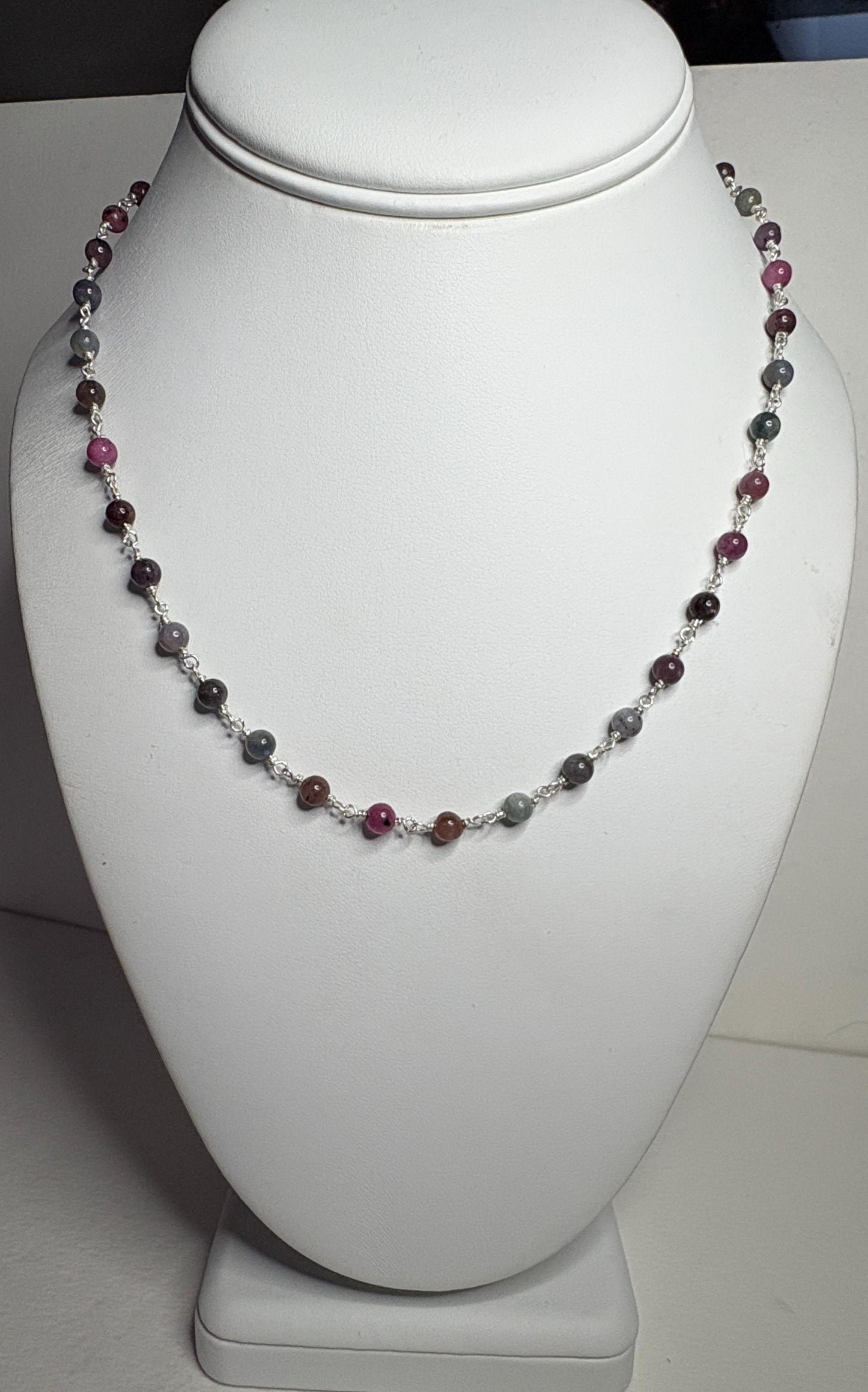 Natural Multi Color Sapphire Beaded Necklace in Sterling Silver 17.5" - NewLifeJewelryVault