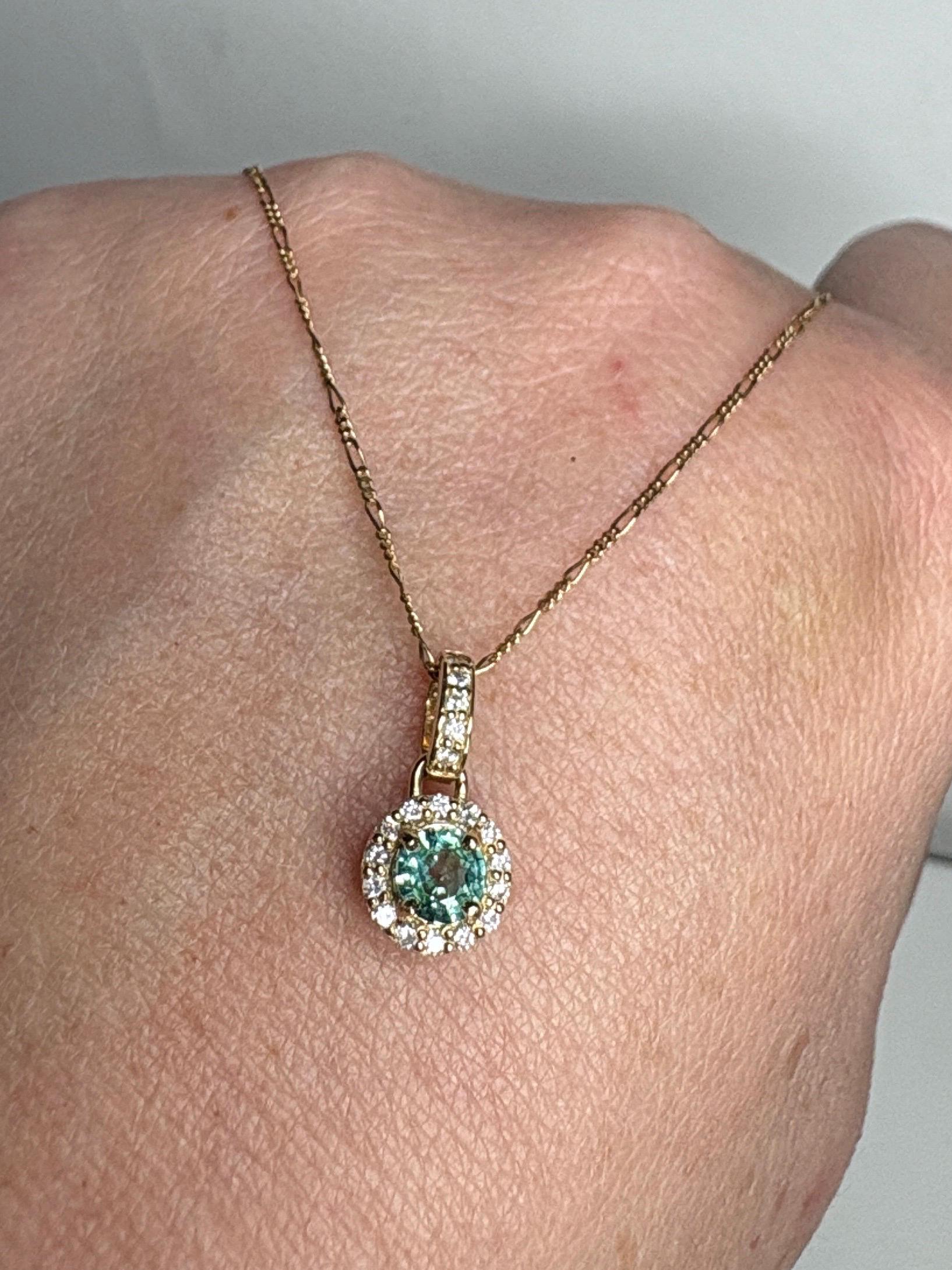 Natural Emerald Diamond halo Pendant Necklace Solid 9k Gold on a 14k Figero Chain 18" - NewLifeJewelryVault