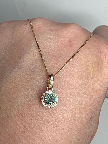 Natural Emerald Diamond halo Pendant Necklace Solid 9k Gold on a 14k Figero Chain 18" - NewLifeJewelryVault