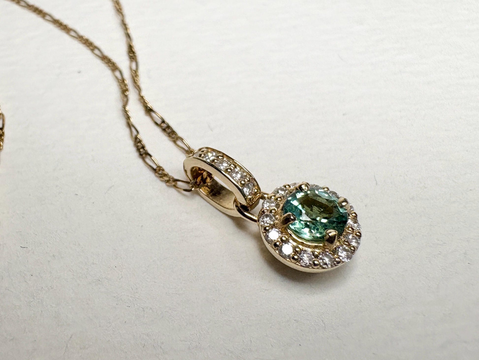 Natural Emerald Diamond halo Pendant Necklace Solid 9k Gold on a 14k Figero Chain 18" - NewLifeJewelryVault