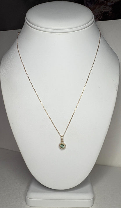 Natural Emerald Diamond halo Pendant Necklace Solid 9k Gold on a 14k Figero Chain 18" - NewLifeJewelryVault