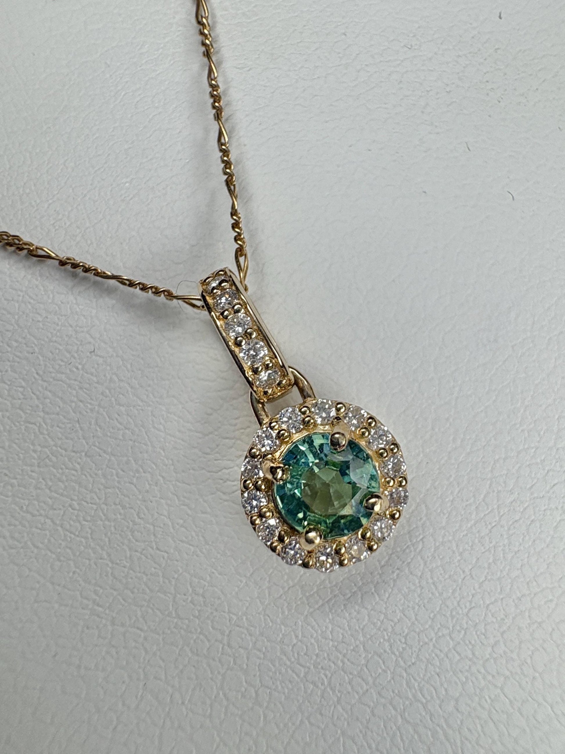 Natural Emerald Diamond halo Pendant Necklace Solid 9k Gold on a 14k Figero Chain 18" - NewLifeJewelryVault