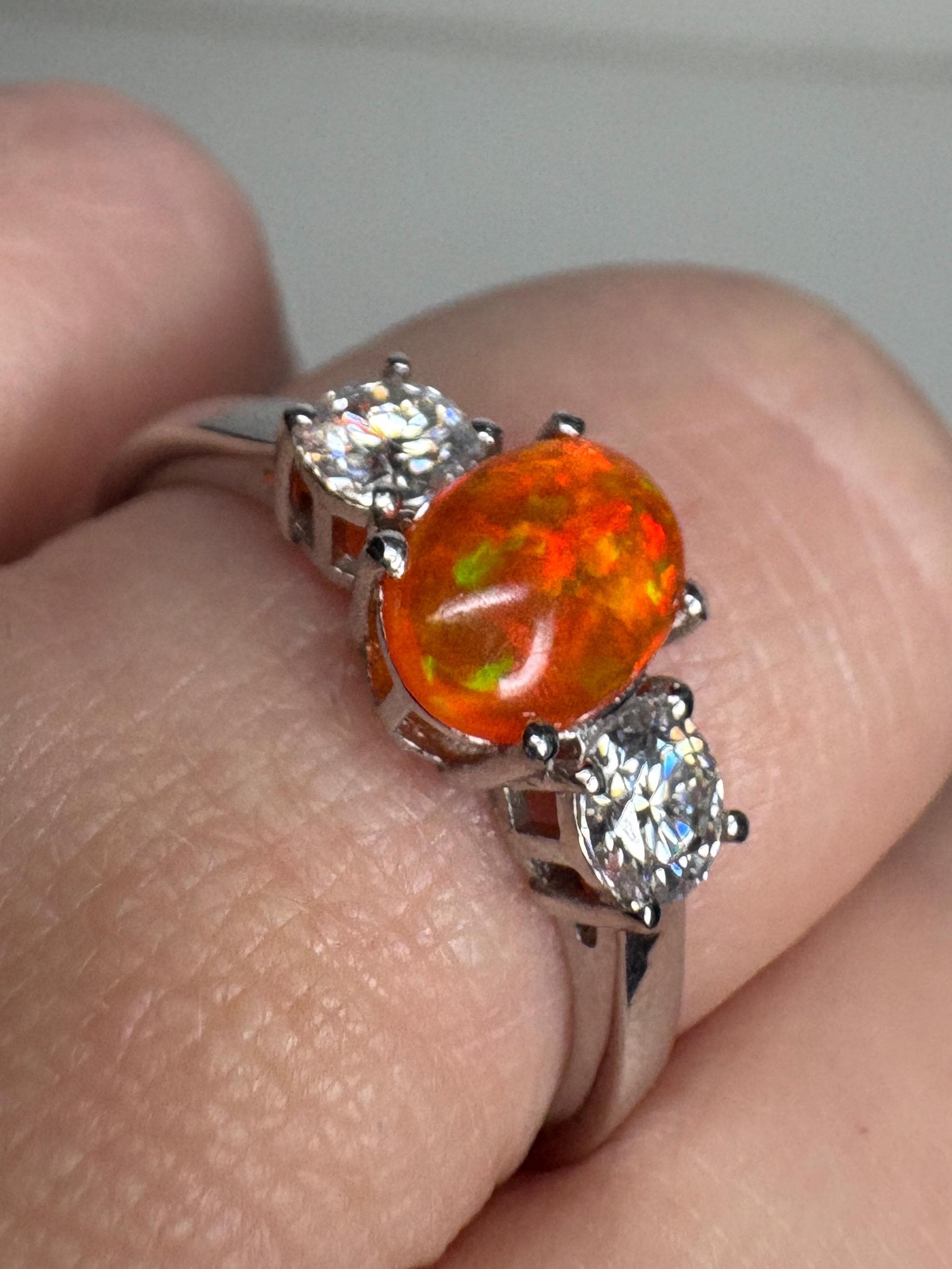 Orange Ethiopian Opal and Moissanite Ring in Sterling Silver size 8 - NewLifeJewelryVault