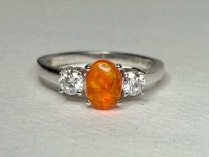 Orange Ethiopian Opal and Moissanite Ring in Sterling Silver size 8 - NewLifeJewelryVault
