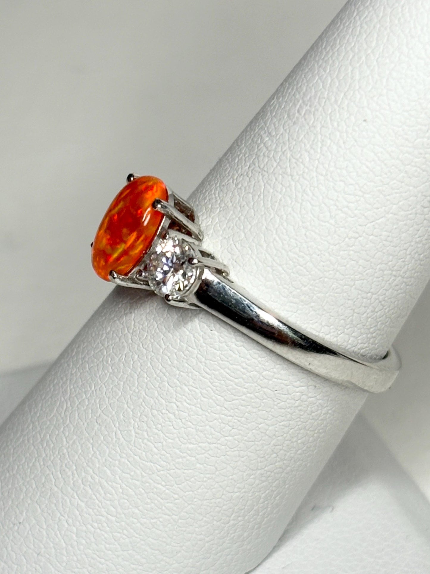 Orange Ethiopian Opal and Moissanite Ring in Sterling Silver size 8 - NewLifeJewelryVault