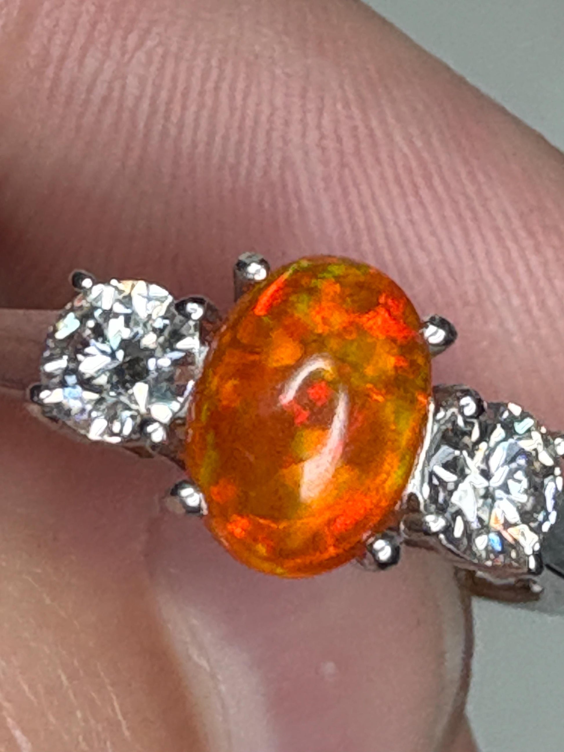 Orange Ethiopian Opal and Moissanite Ring in Sterling Silver size 8 - NewLifeJewelryVault