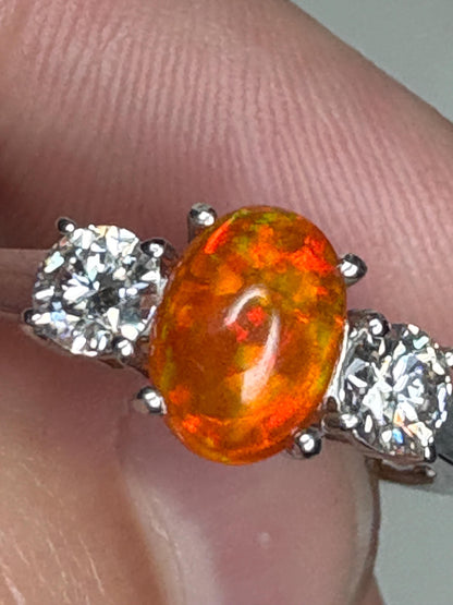 Orange Ethiopian Opal and Moissanite Ring in Sterling Silver size 8 - NewLifeJewelryVault