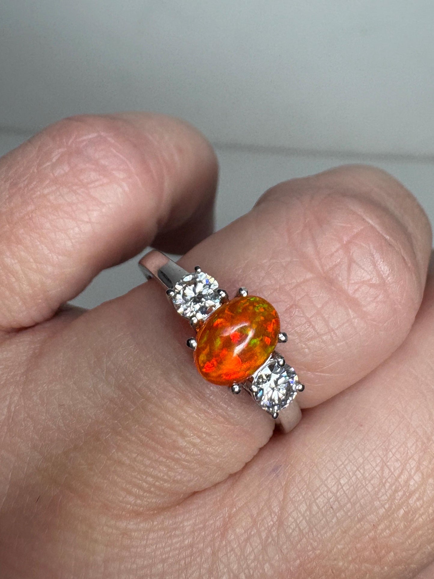 Orange Ethiopian Opal and Moissanite Ring in Sterling Silver size 8 - NewLifeJewelryVault
