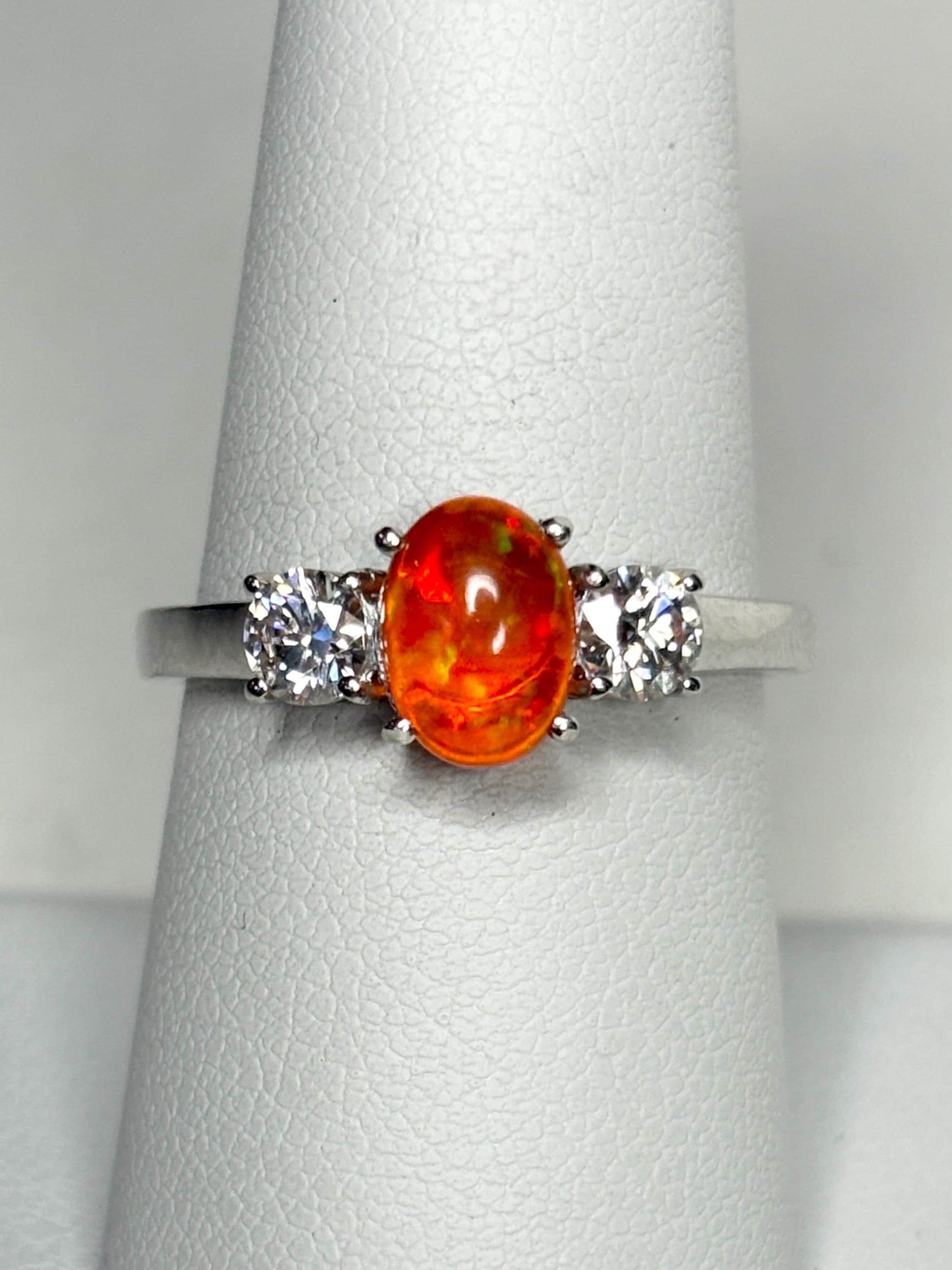 Orange Ethiopian Opal and Moissanite Ring in Sterling Silver size 8 - NewLifeJewelryVault
