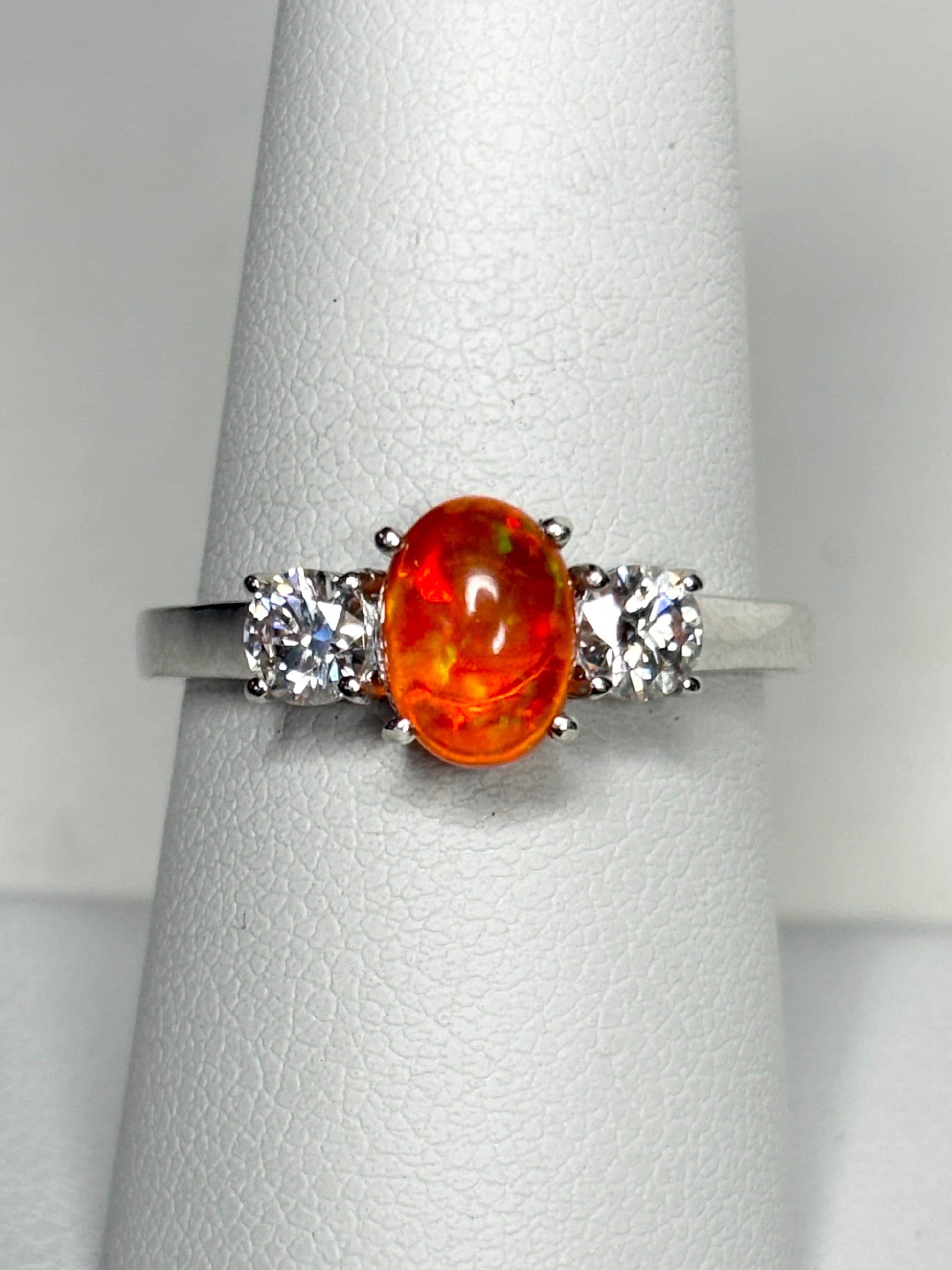 Orange Ethiopian Opal and Moissanite Ring in Sterling Silver size 8 - NewLifeJewelryVault