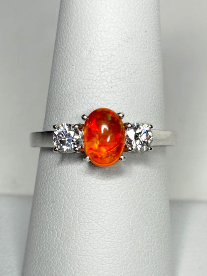 Orange Ethiopian Opal and Moissanite Ring in Sterling Silver size 8 - NewLifeJewelryVault