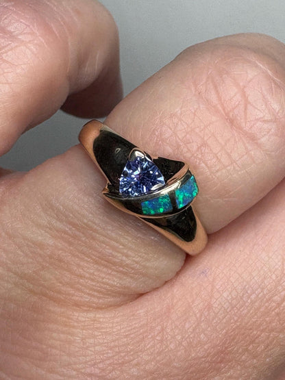 Trillion Tanzanite and Australian Opal Inlayed Band Ring Solid 14k Gold size 7.25 - NewLifeJewelryVault