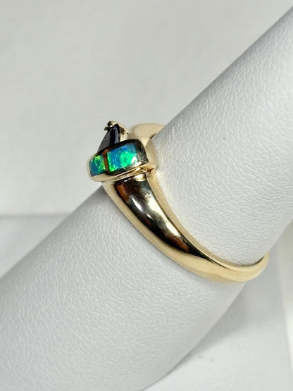 Trillion Tanzanite and Australian Opal Inlayed Band Ring Solid 14k Gold size 7.25 - NewLifeJewelryVault