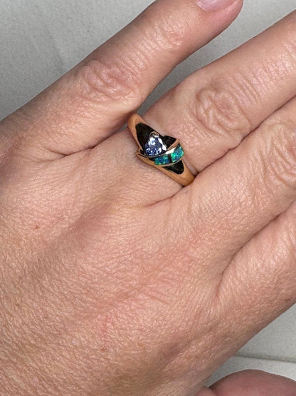 Trillion Tanzanite and Australian Opal Inlayed Band Ring Solid 14k Gold size 7.25 - NewLifeJewelryVault