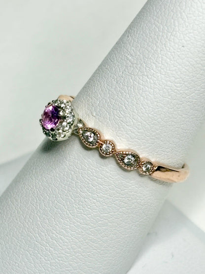 Natural Vivid Pink Sapphire Diamond Halo Ring Solid 10k Rose Gold size 8 - NewLifeJewelryVault