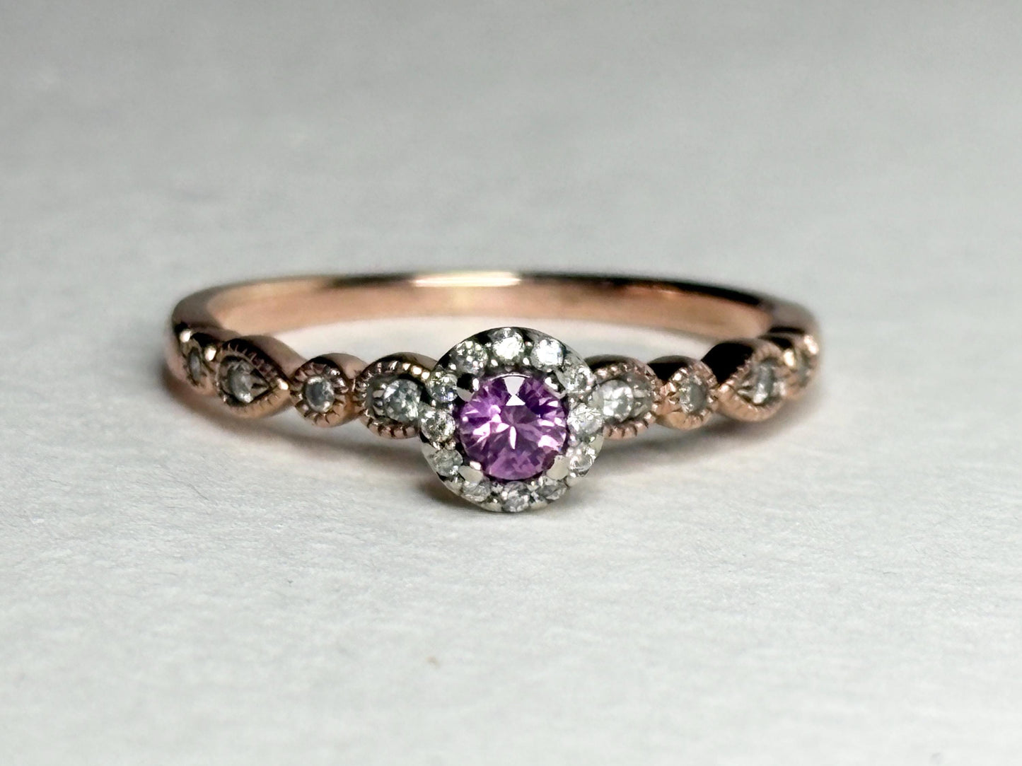 Natural Vivid Pink Sapphire Diamond Halo Ring Solid 10k Rose Gold size 8 - NewLifeJewelryVault