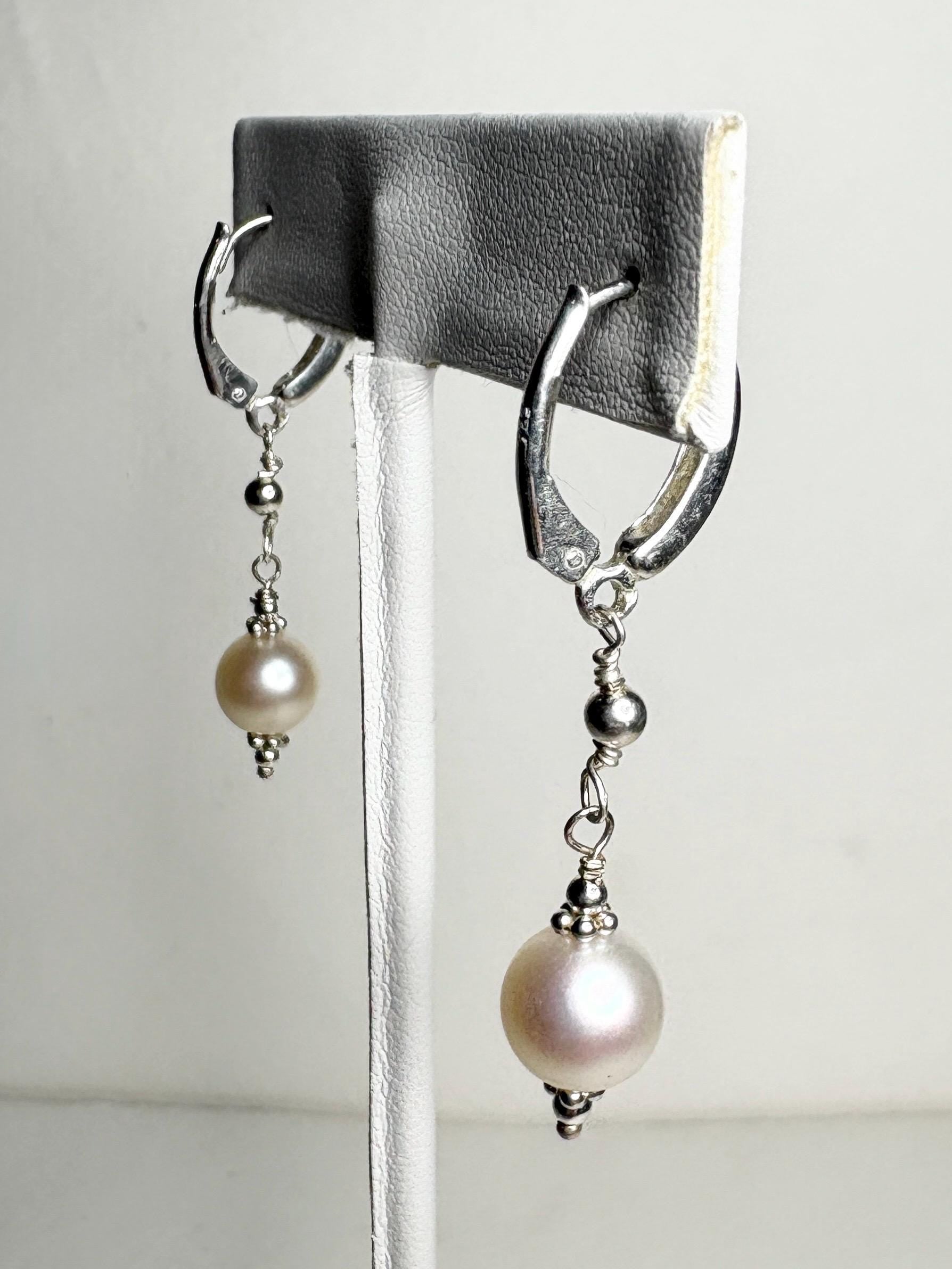 Akoya Pearl Dangle Drop Earrings in Sterling Silver Lever Back 8mm - NewLifeJewelryVault