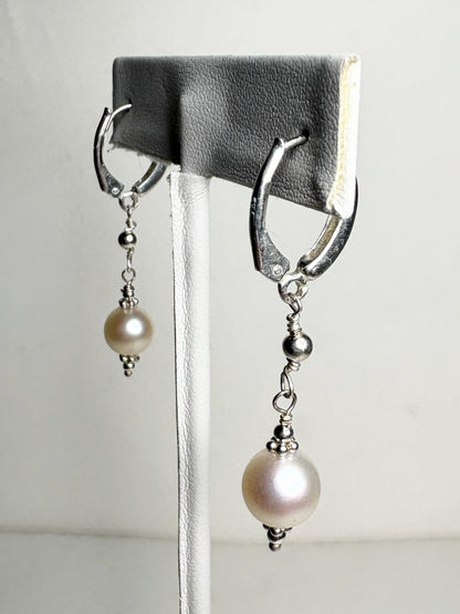 Akoya Pearl Dangle Drop Earrings in Sterling Silver Lever Back 8mm - NewLifeJewelryVault