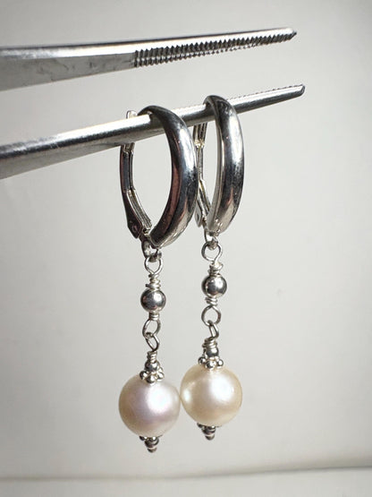 Akoya Pearl Dangle Drop Earrings in Sterling Silver Lever Back 8mm - NewLifeJewelryVault