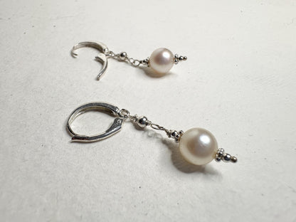 Akoya Pearl Dangle Drop Earrings in Sterling Silver Lever Back 8mm - NewLifeJewelryVault