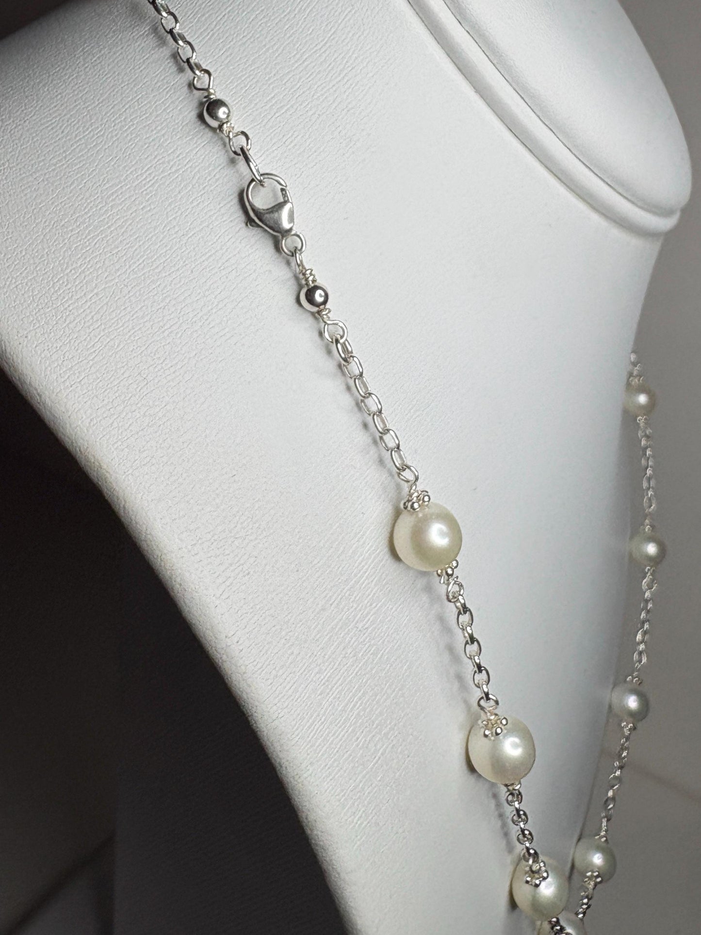 Cultured Freshwater Pearl Station Necklace in Sterling Silver 19" - NewLifeJewelryVault