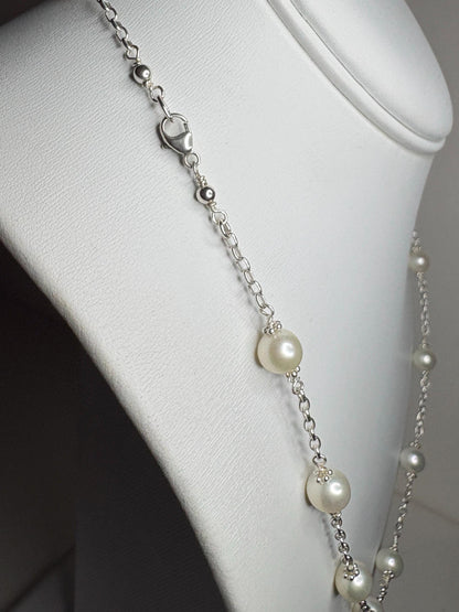 Cultured Freshwater Pearl Station Necklace in Sterling Silver 19" - NewLifeJewelryVault