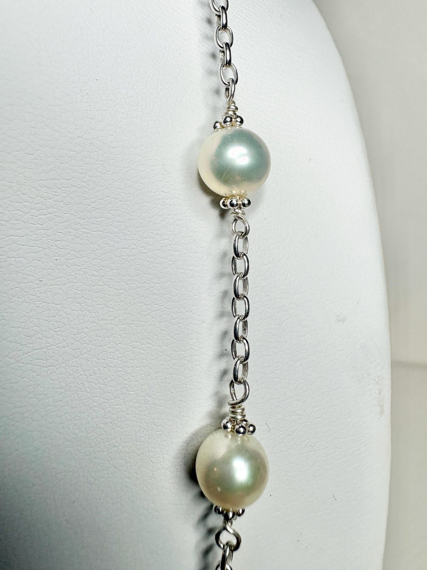 Cultured Freshwater Pearl Station Necklace in Sterling Silver 19" - NewLifeJewelryVault