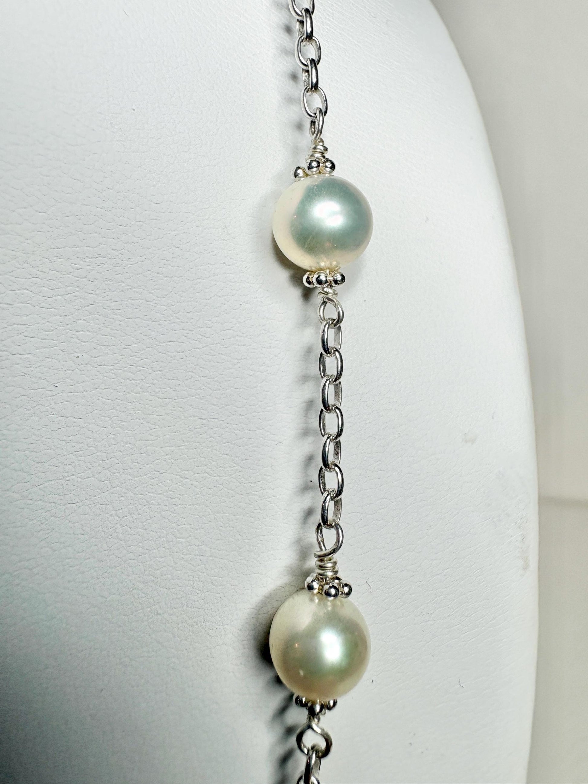 Cultured Freshwater Pearl Station Necklace in Sterling Silver 19" - NewLifeJewelryVault