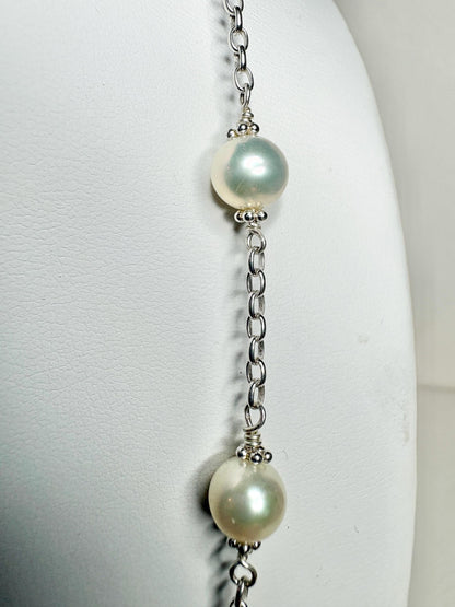 Cultured Freshwater Pearl Station Necklace in Sterling Silver 19" - NewLifeJewelryVault