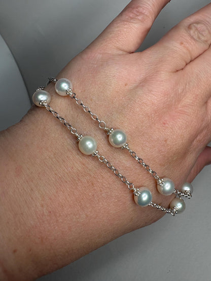 Cultured Freshwater Pearl Station Necklace in Sterling Silver 19" - NewLifeJewelryVault