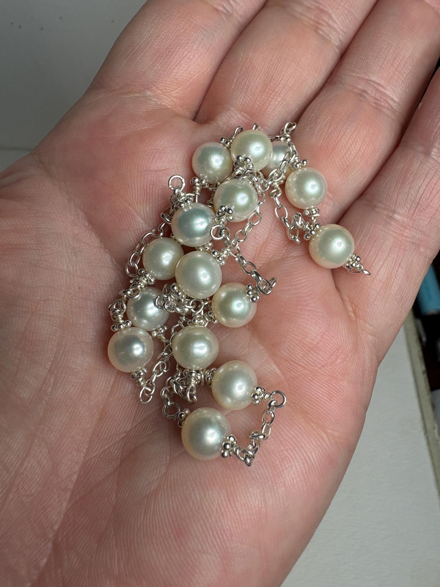 Cultured Freshwater Pearl Station Necklace in Sterling Silver 19" - NewLifeJewelryVault