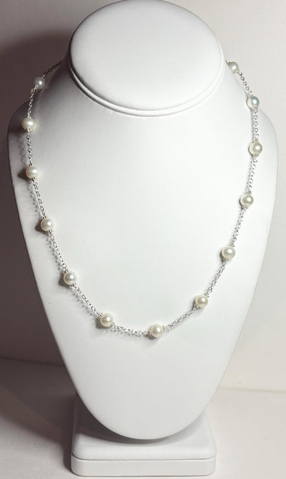 Cultured Freshwater Pearl Station Necklace in Sterling Silver 19" - NewLifeJewelryVault