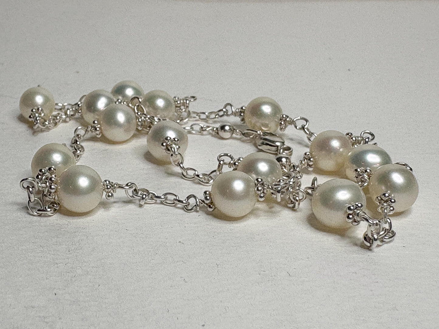 Cultured Freshwater Pearl Station Necklace in Sterling Silver 19" - NewLifeJewelryVault