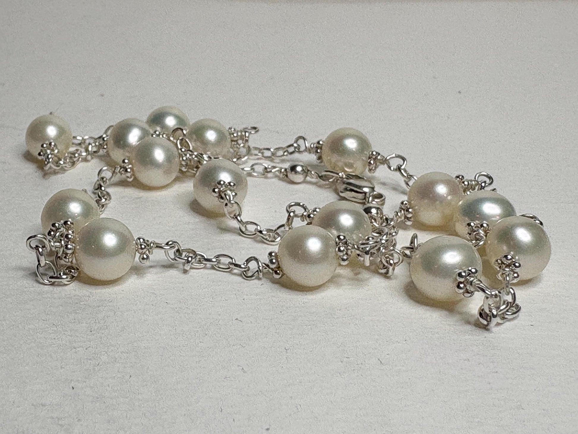 Cultured Freshwater Pearl Station Necklace in Sterling Silver 19" - NewLifeJewelryVault