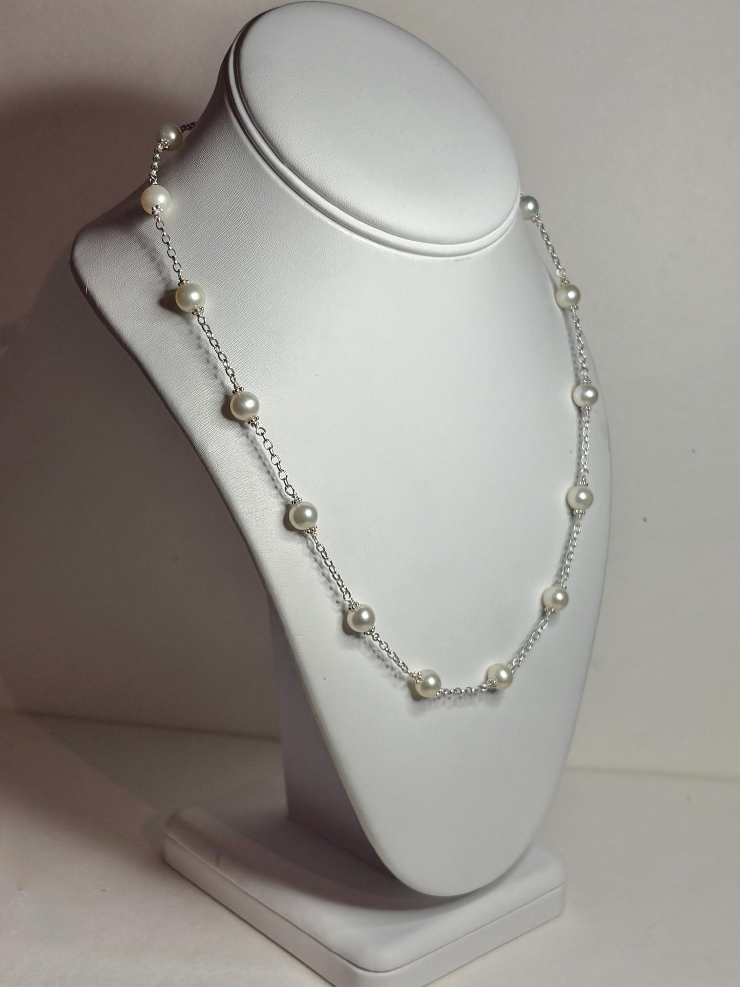 Cultured Freshwater Pearl Station Necklace in Sterling Silver 19" - NewLifeJewelryVault