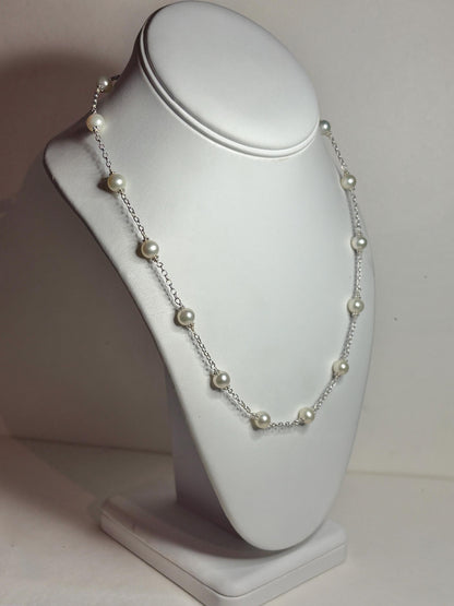 Cultured Freshwater Pearl Station Necklace in Sterling Silver 19" - NewLifeJewelryVault
