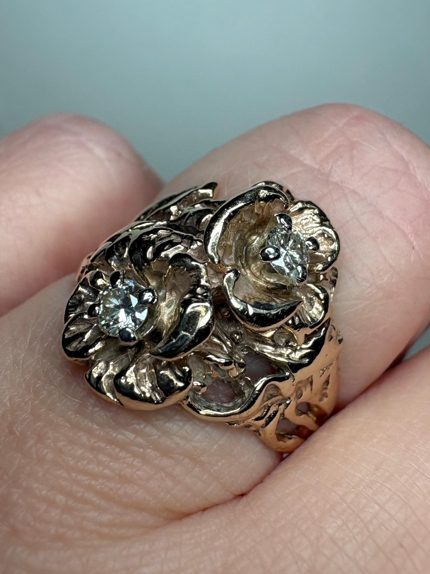 Mid Century or Retro Rose Diamond Ring Solid 14k Gold 6.2g size 7.25 - NewLifeJewelryVault