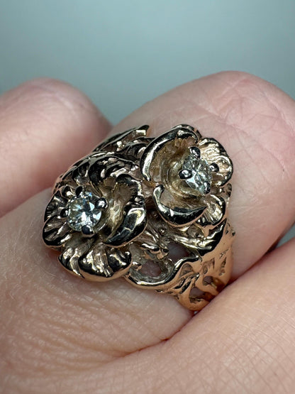 Mid Century or Retro Rose Diamond Ring Solid 14k Gold 6.2g size 7.25 - NewLifeJewelryVault