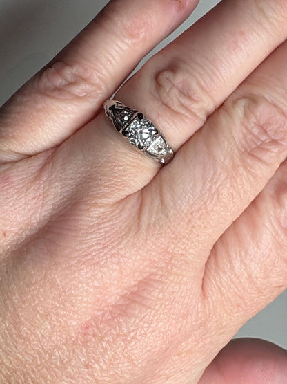 Art Deco Old Miner's Cut Diamond Trilogy Ring in Solid 18k White Gold size 7.25 - NewLifeJewelryVault